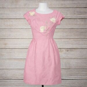 Vintage 50s Pink Linen romantic  wiggle Dress 3D Ribbon Rose Beaded coquette